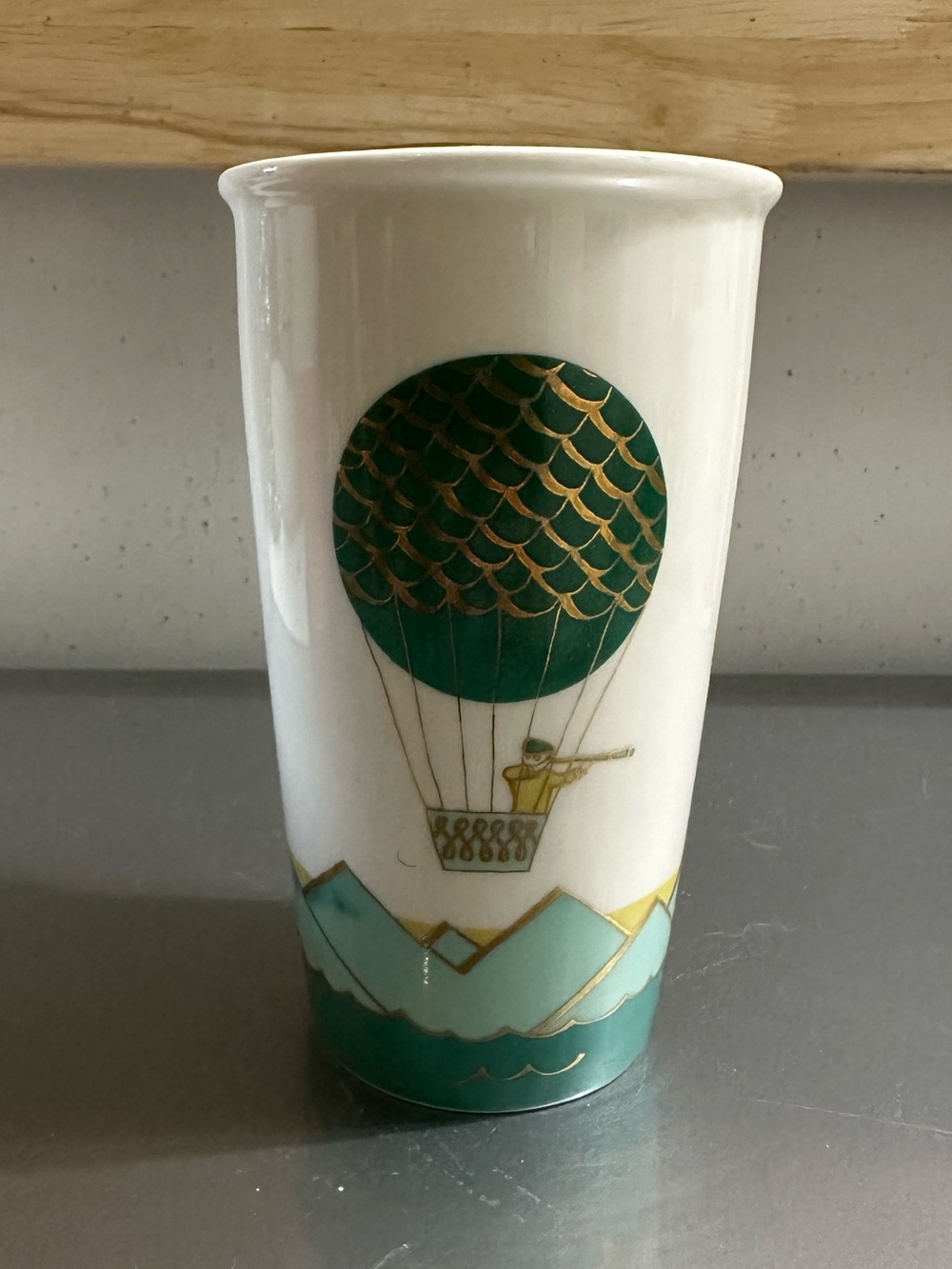 🌻5/$30🌻 STARBUCKS 2014 Green Hot Air Balloon Ceramic Travel Tumbler 12oz w/ Gold